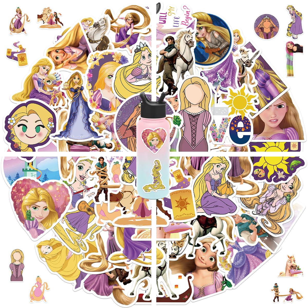jjlin Tangled stickers pack front view shows 50 unique waterproof designs.
