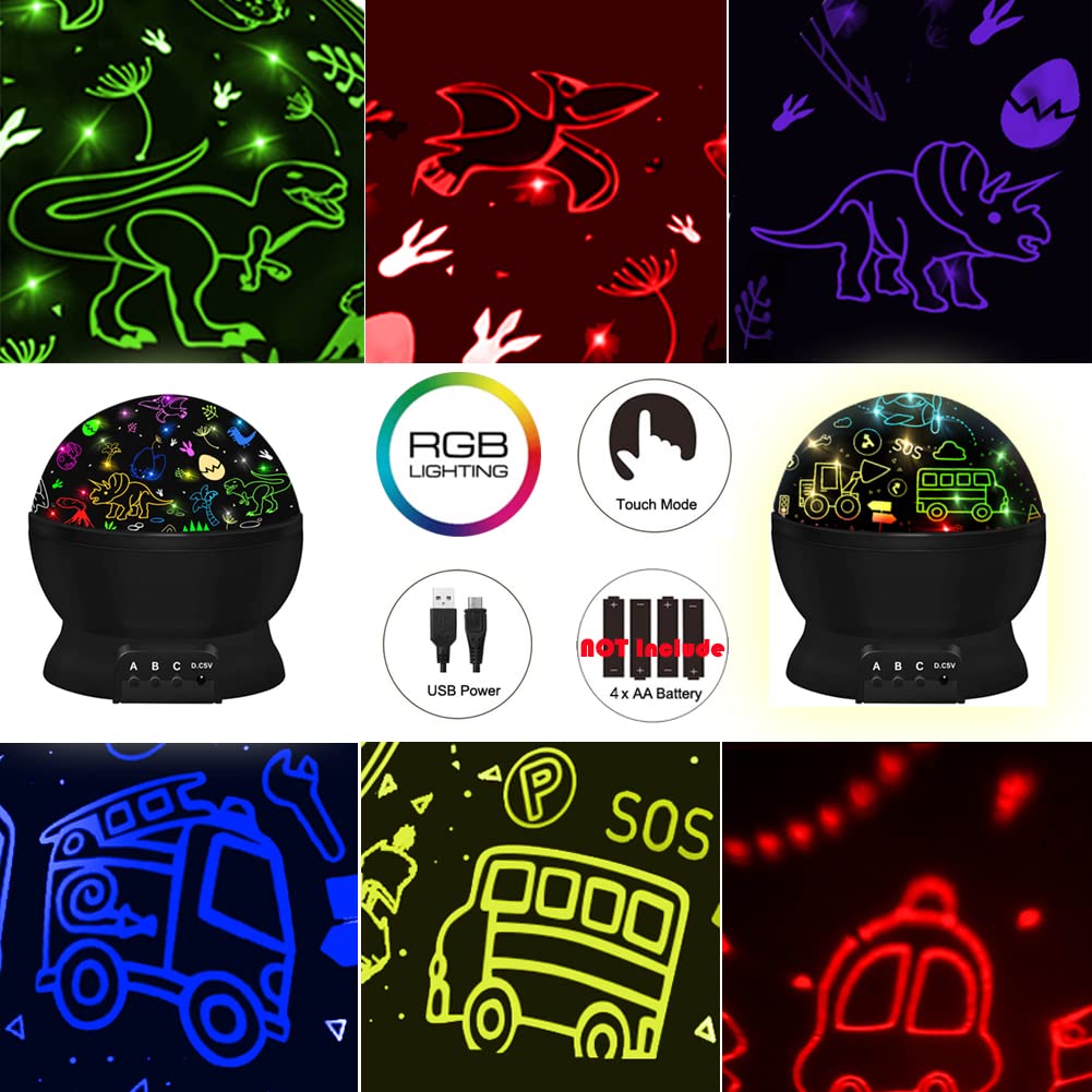 JKGIFTS rotating dino light showcases colorful dinosaur and car patterns in dark rooms.