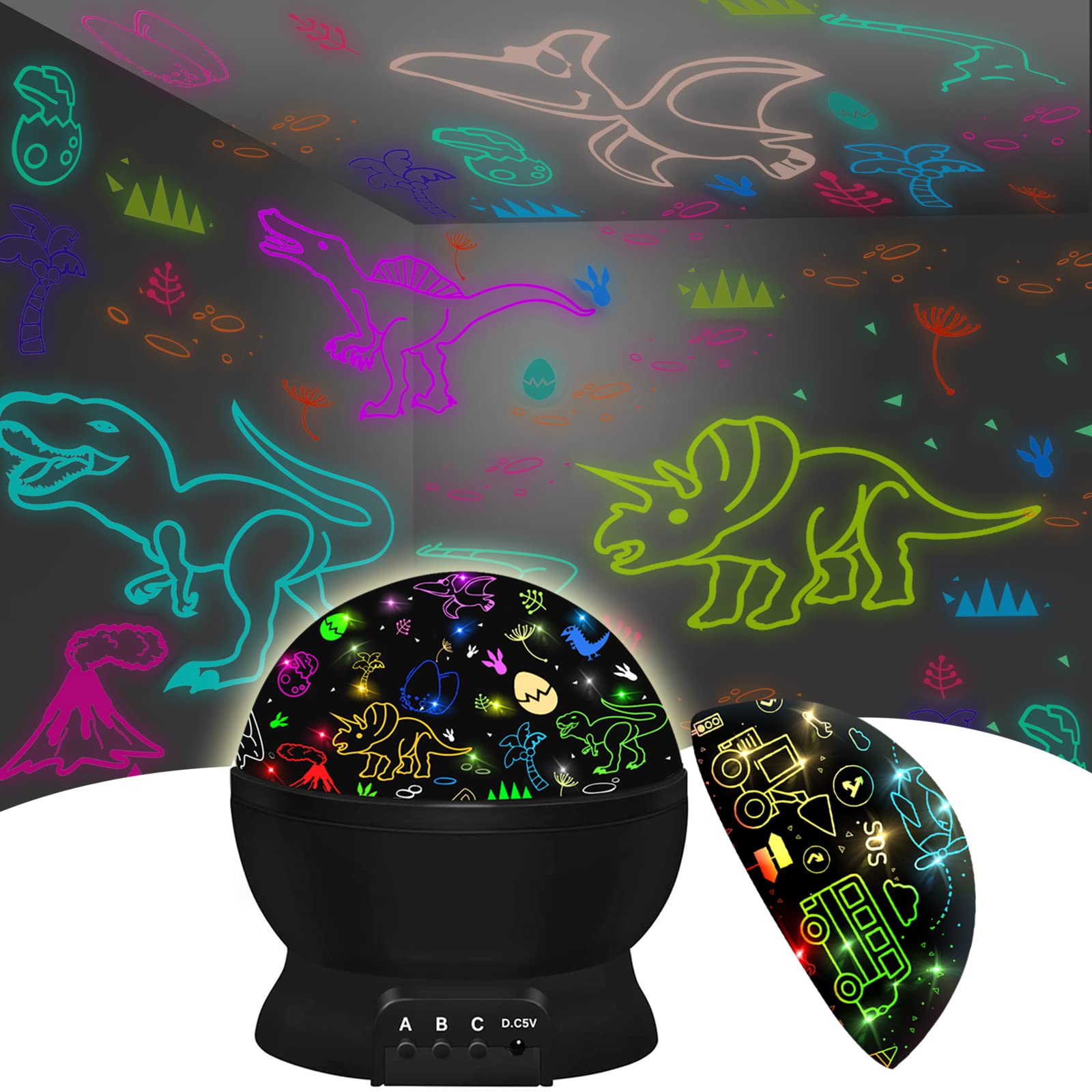 JKGIFTS dinosaur projection lamp with 360° rotation creates dreamy patterns for bedtime.