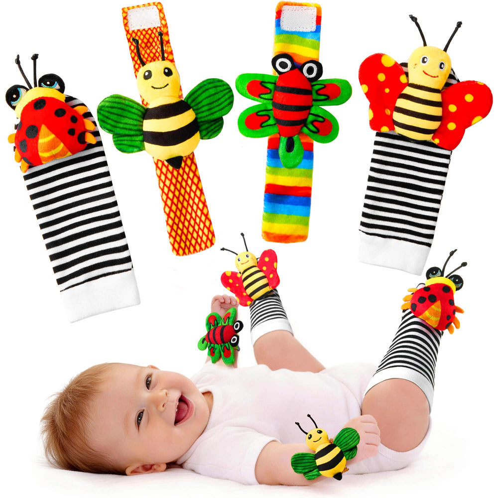 JKHEPL baby rattle socks worn on the wrist promote sensory play.