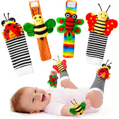 JKHEPL baby rattle socks worn on the wrist promote sensory play.