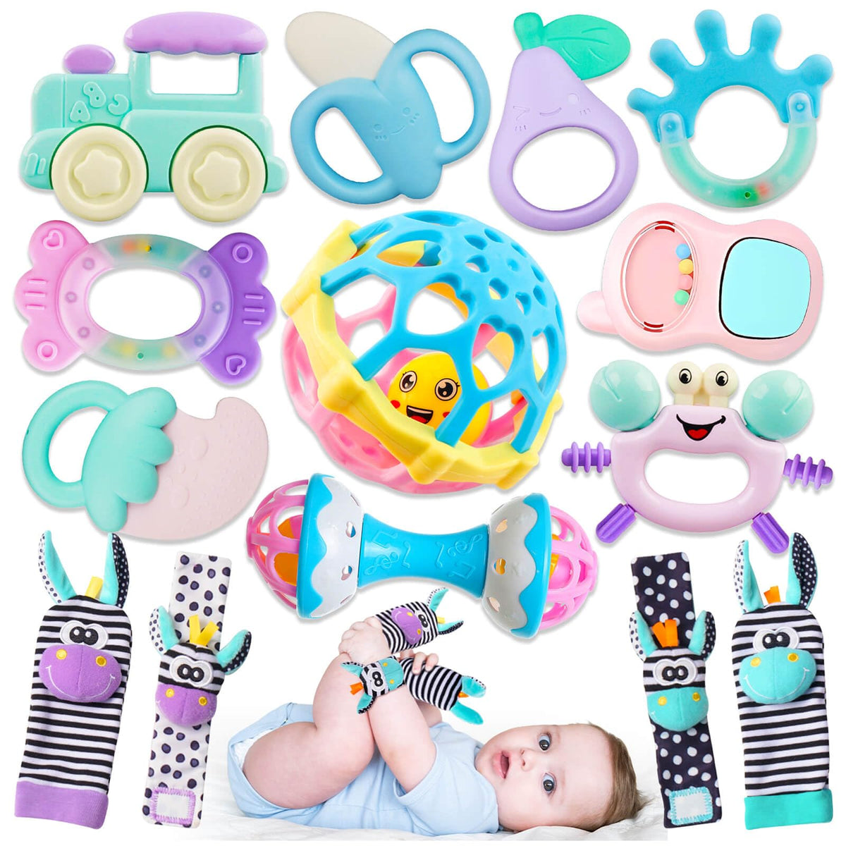 JKHEPL baby rattles and teethers set with bright colors to boost visual engagement.