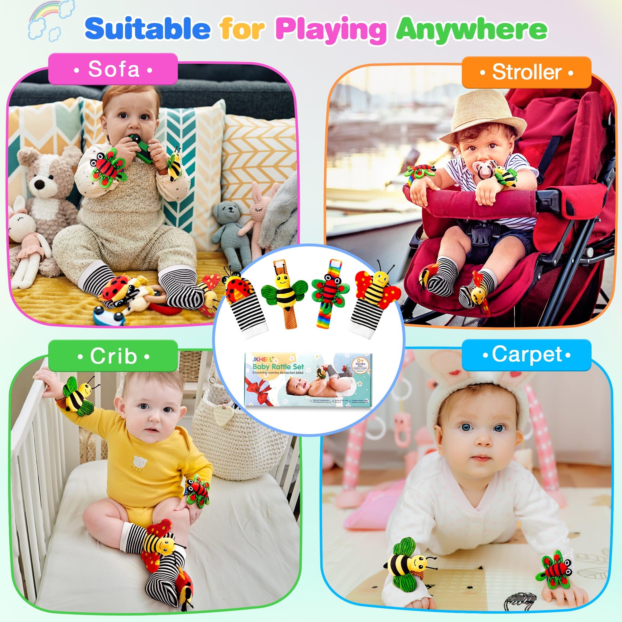 JKHEPL gift-ready packaging highlights a versatile infant toy for gifting.