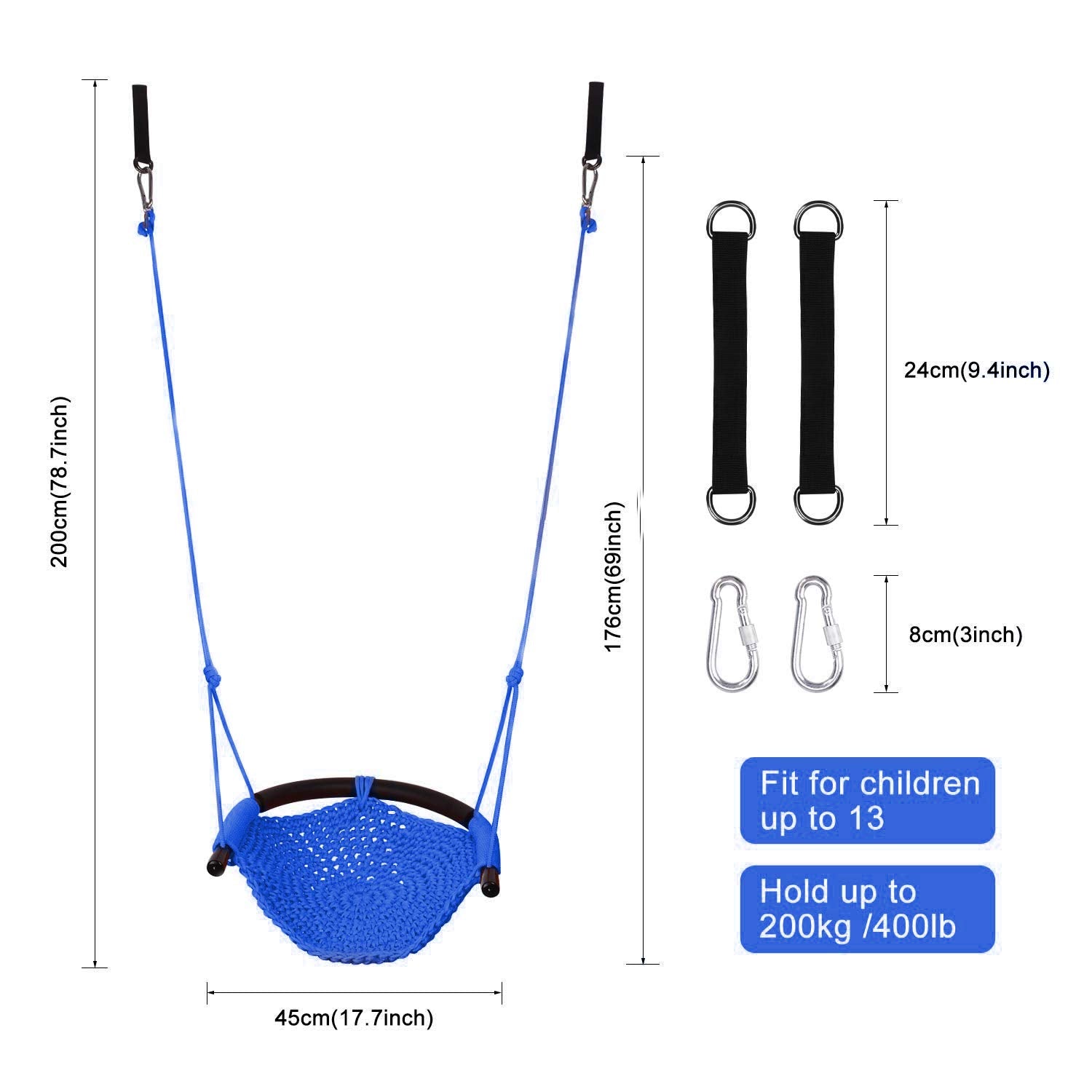 JKsmart swing seat adjustable rope length showing 106-180 cm range