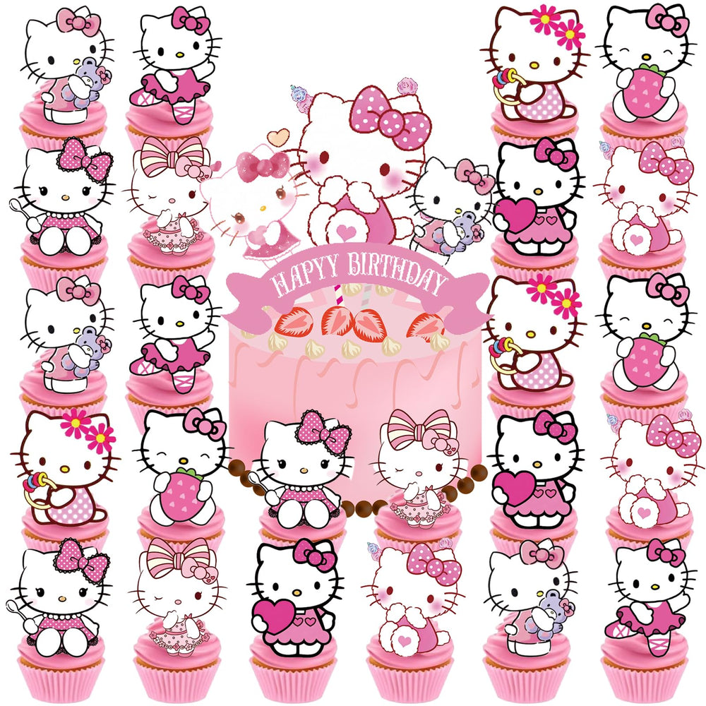 Jlemon cupcake toppers featuring a pink Hello Cat design for festive birthday treats.