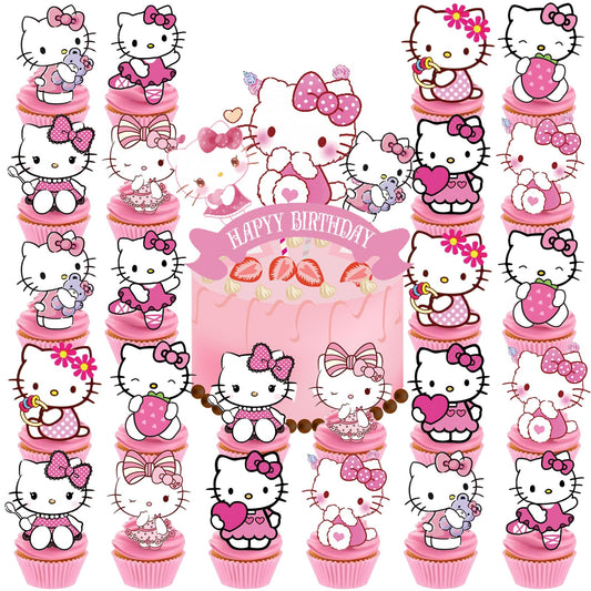 Jlemon cupcake toppers featuring a pink Hello Cat design for festive birthday treats.