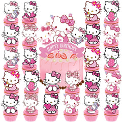 Jlemon cupcake toppers featuring a pink Hello Cat design for festive birthday treats.