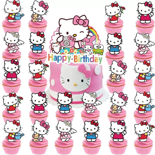 Jlemon kawaii cat cupcake toppers with big pink cat topper for cute party treats.