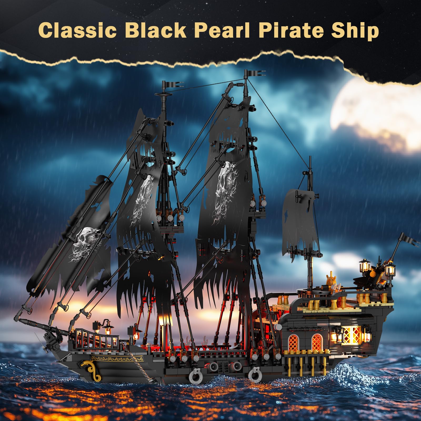 JMBricklayer Pirate Ship hull and sails create a dramatic silhouette for home display.