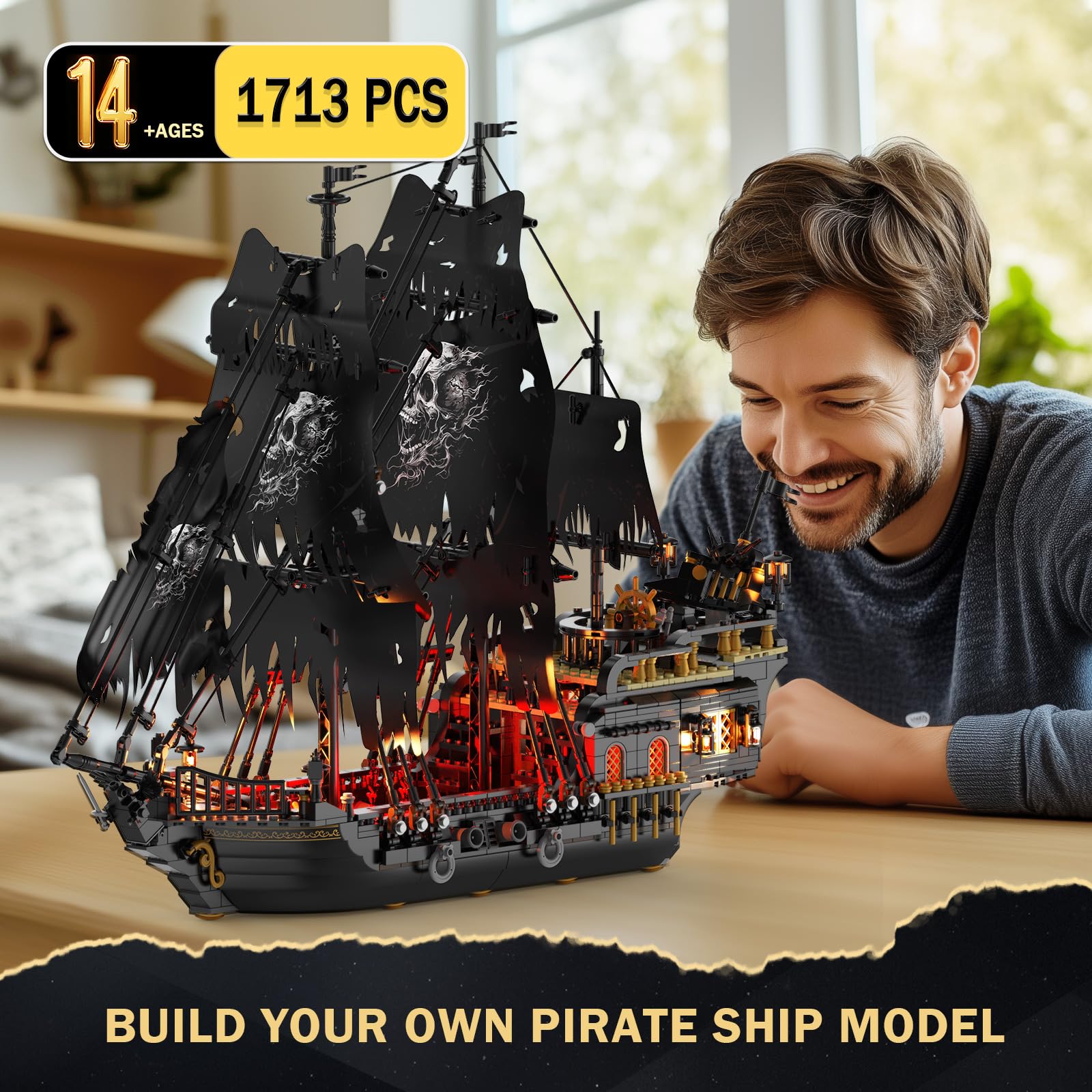 JMBricklayer Pirate Ship LED illumination closeup highlights warm glow and mood.