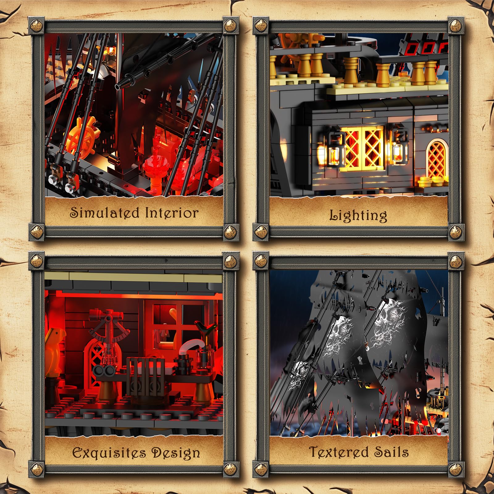 JMBricklayer Pirate Ship openable windows and hatches reveal interior access.