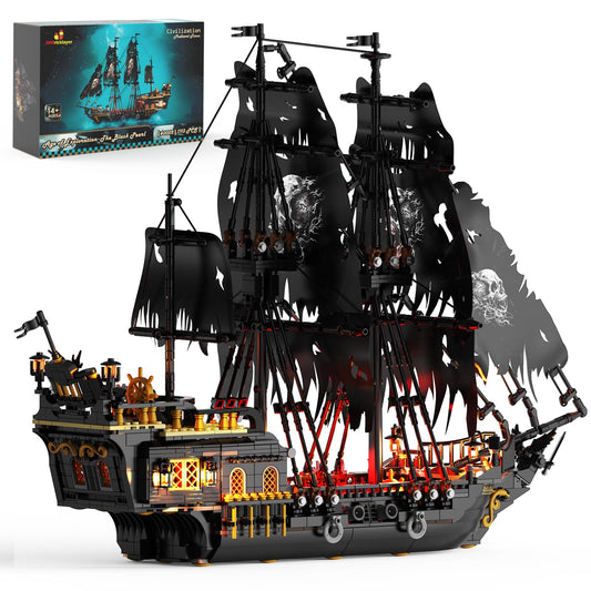 JMBricklayer Pirate Ship with Lights showcases warm LEDs for immersive display.