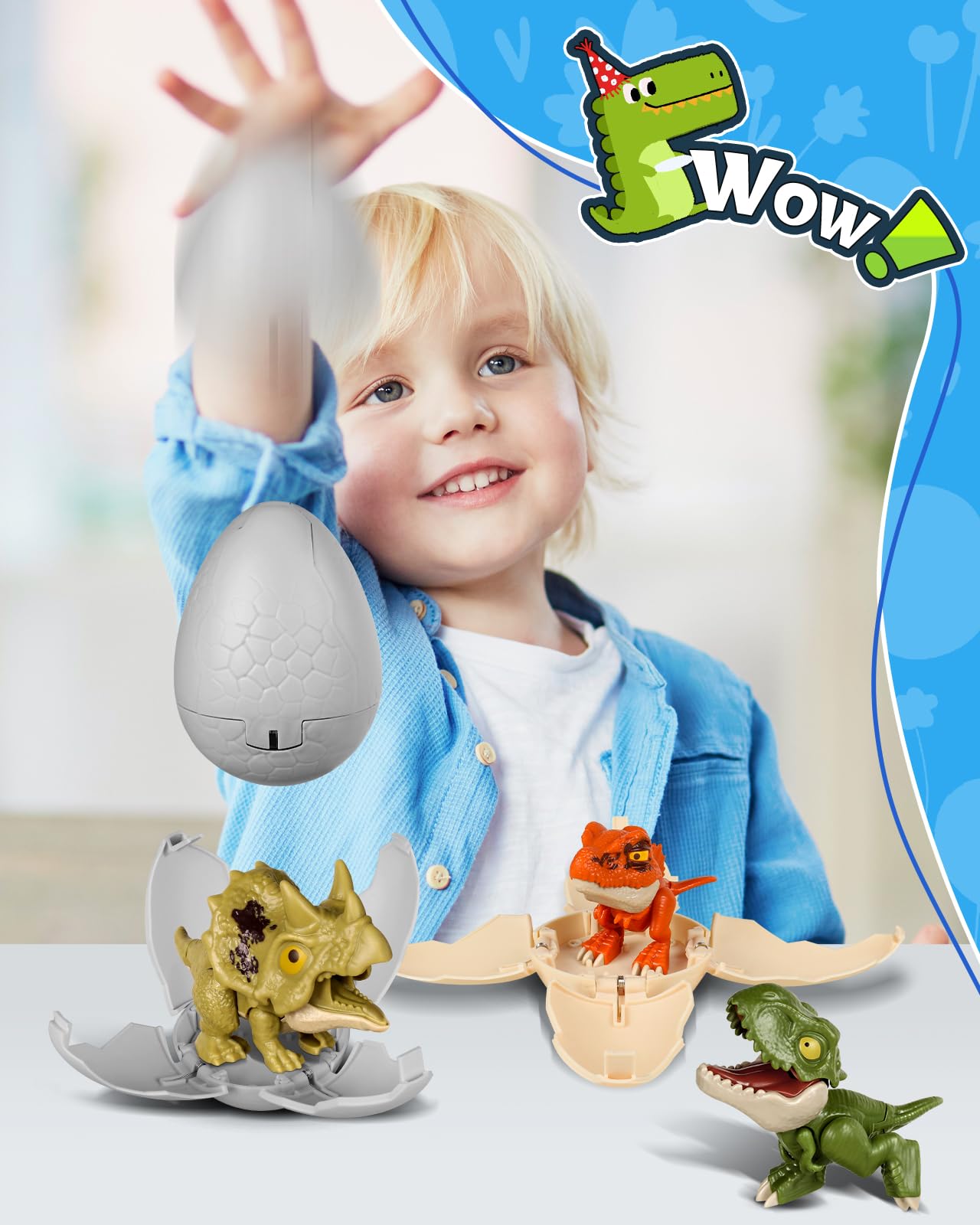 JMHACHY jumbo dinosaur egg pop-open reveal with three dinosaur figures for interactive fun.