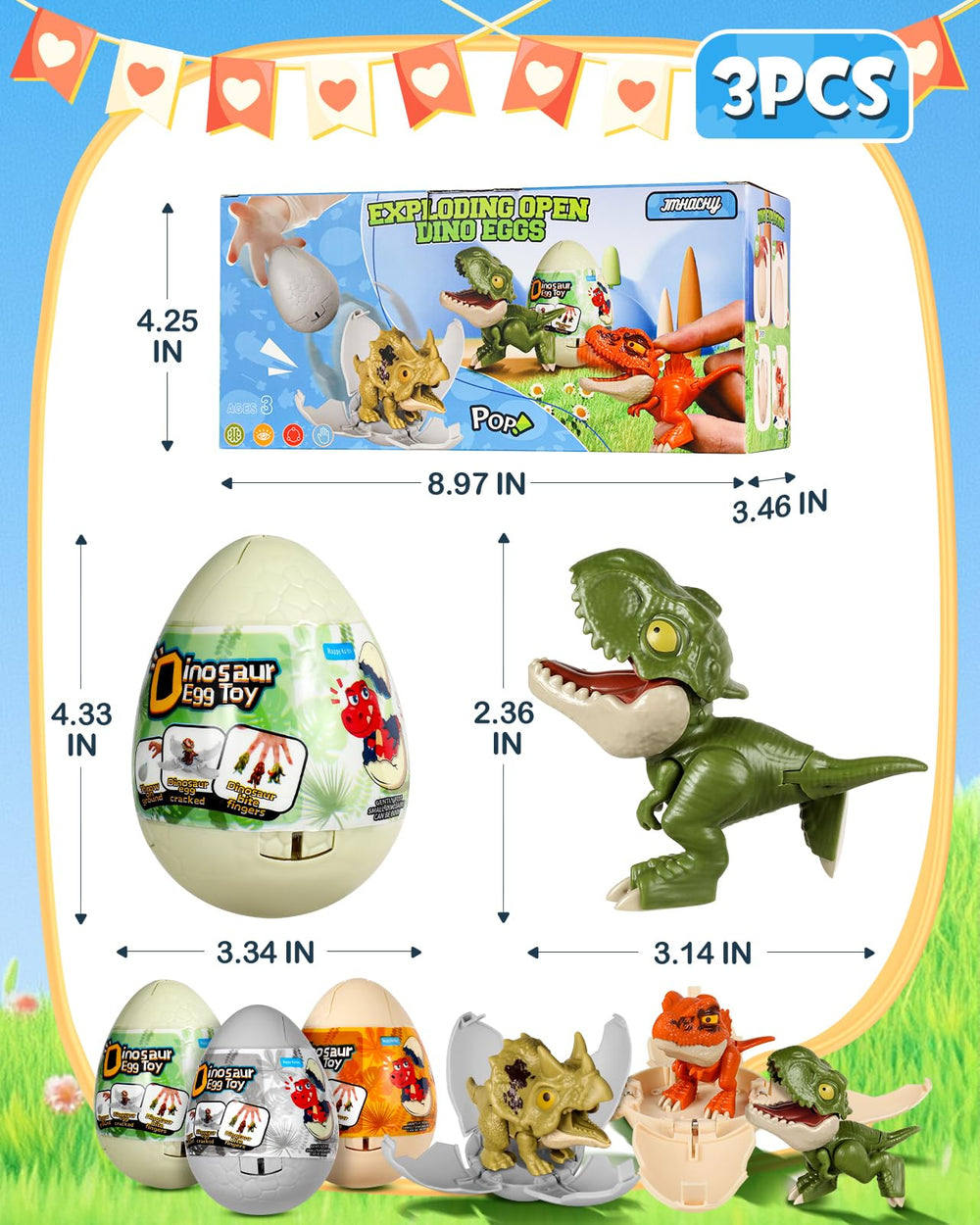 JMHACHY dinosaur egg set packs three unique dinosaurs for collectible display.