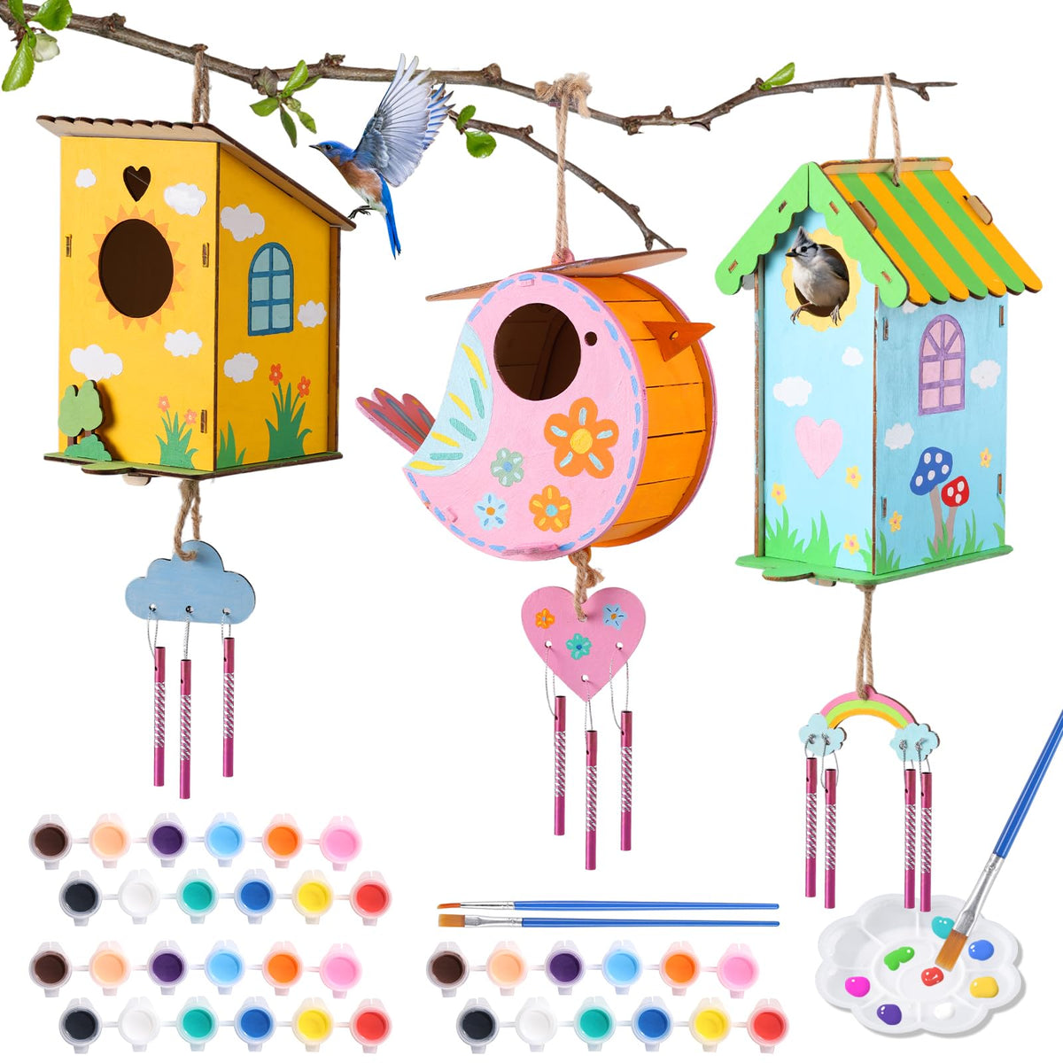 JMMICO three-pack bird house kit with paints for outdoor kids crafts
