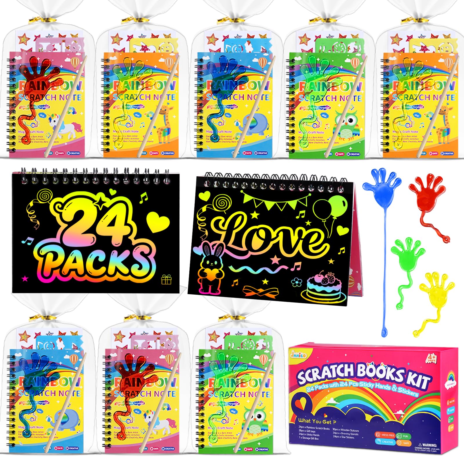 JMMICO scratch art notebooks reveal rainbow colors for party favors and classroom crafts.