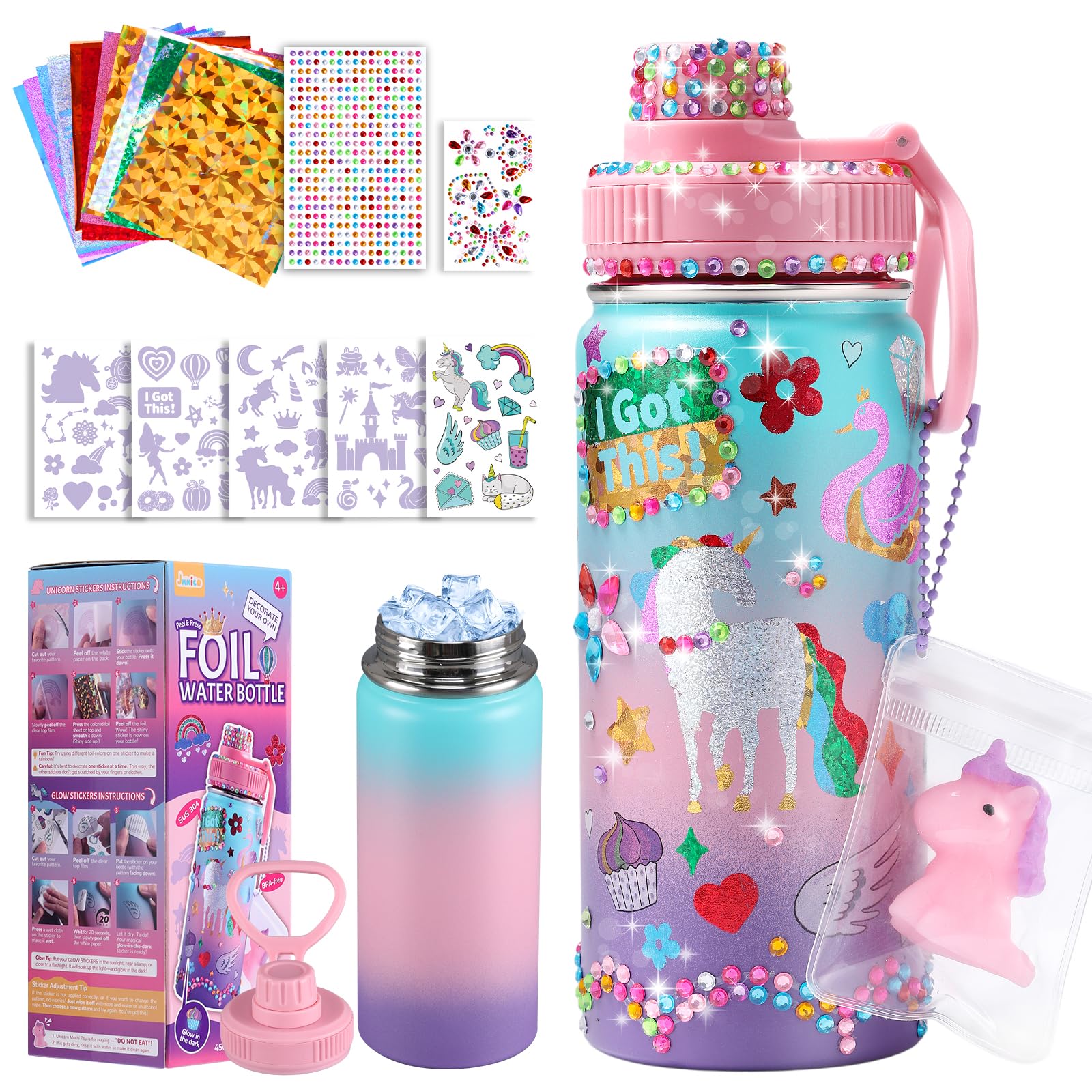 JMMICO unicorn water bottle kit foil stickers: personalize drinks and lunch gear.