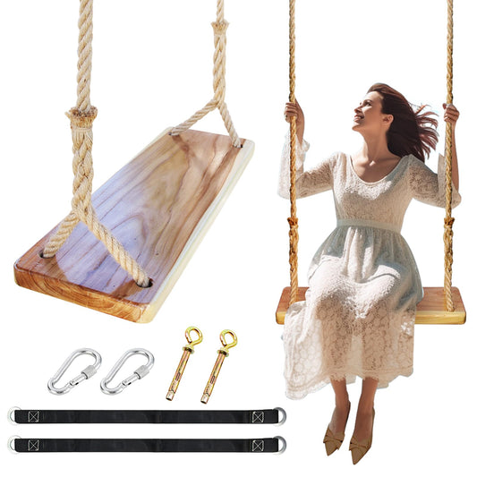 JMZOO wooden swing seat in backyard for family relaxation