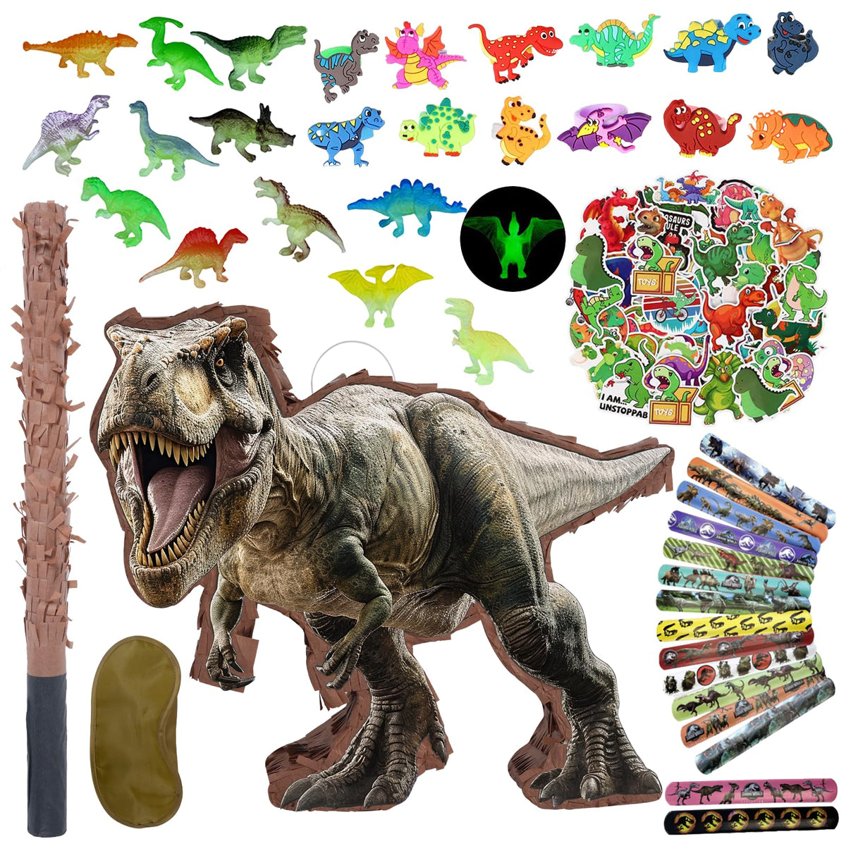 JOARHONAL dinosaur pinata set shown as a vibrant party centerpiece for kids.