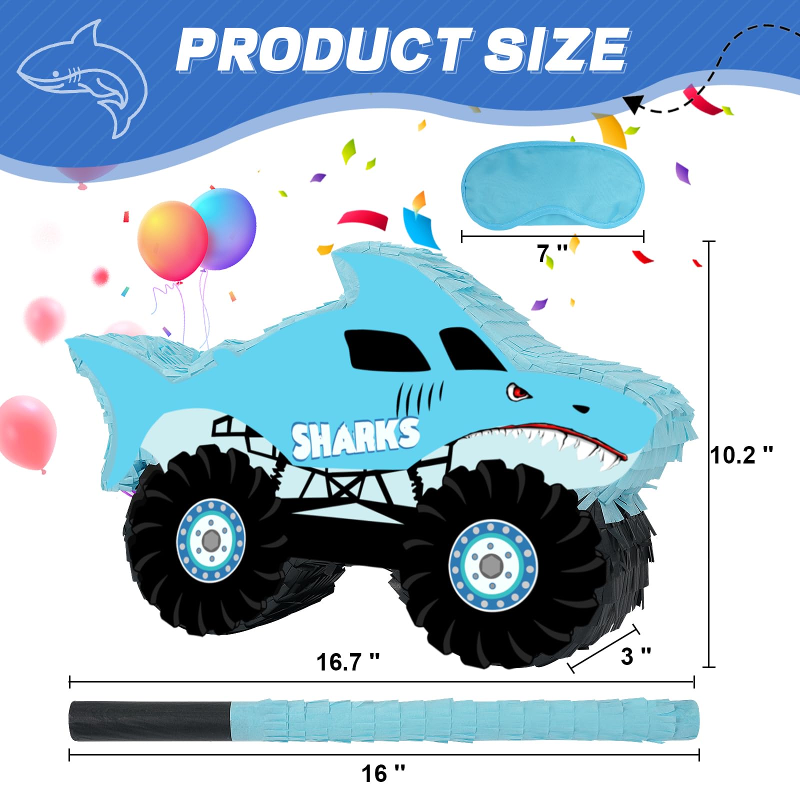 JOARHONAL pinata close-up shows detailed shark truck features and bold colors