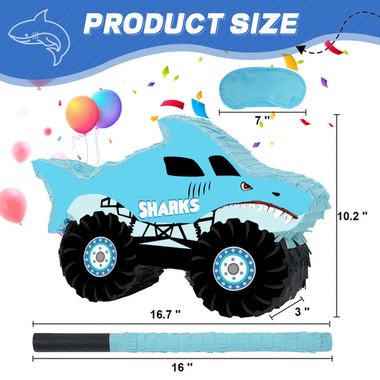 JOARHONAL pinata close-up shows detailed shark truck features and bold colors
