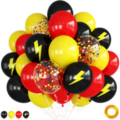 Jobkoo balloons in red, yellow, and black confetti create vibrant party decor with dynamic visual impact.