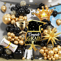 Jobkoo graduation arch with gold and black balloons creates a stylish Class of 2025 backdrop.