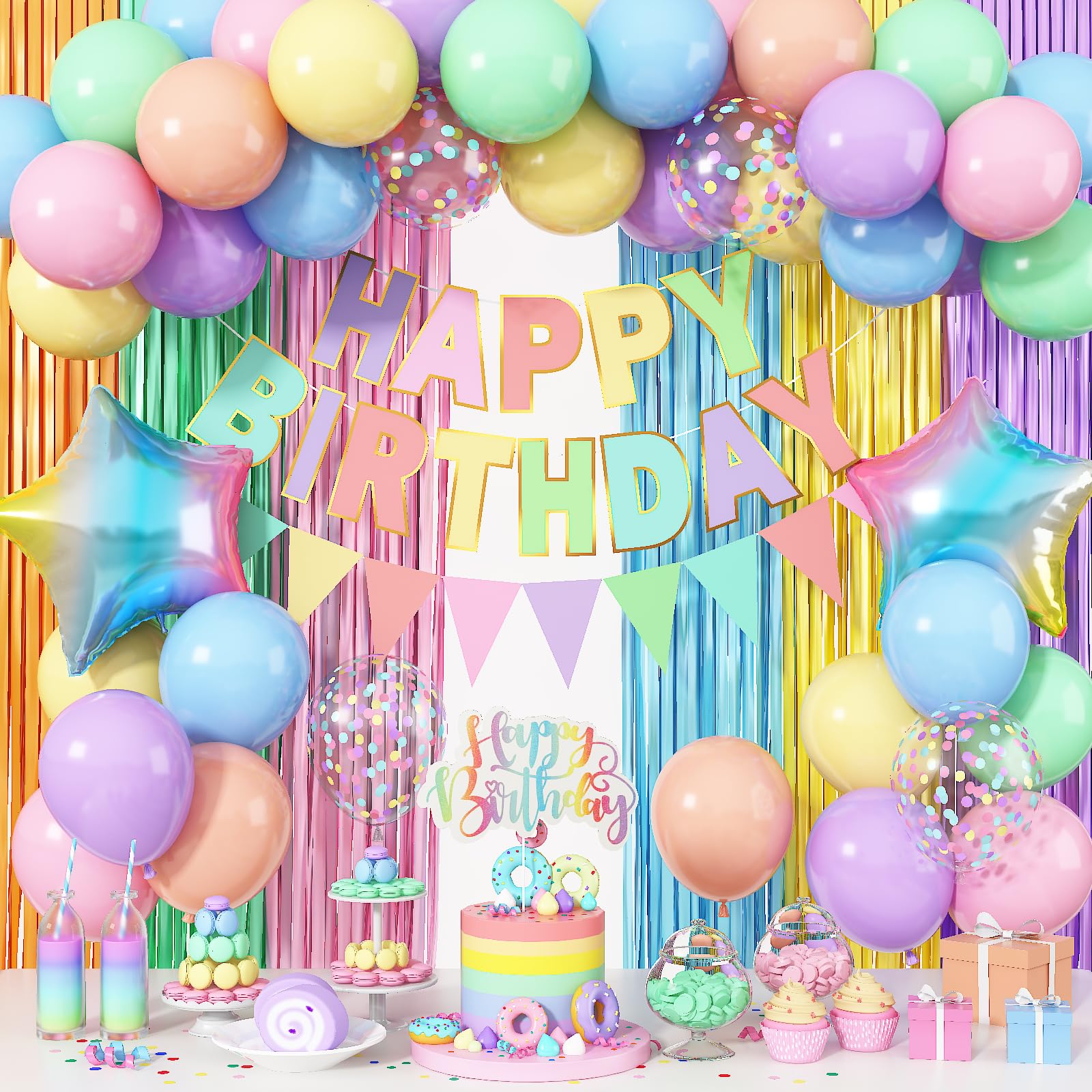 Jobkoo pastel birthday decoration kit contents create a vibrant party backdrop.
