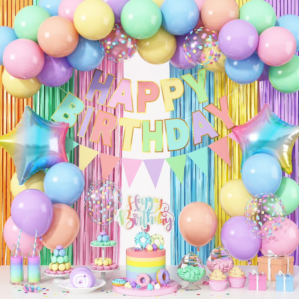 Jobkoo pastel birthday decoration kit contents create a vibrant party backdrop.