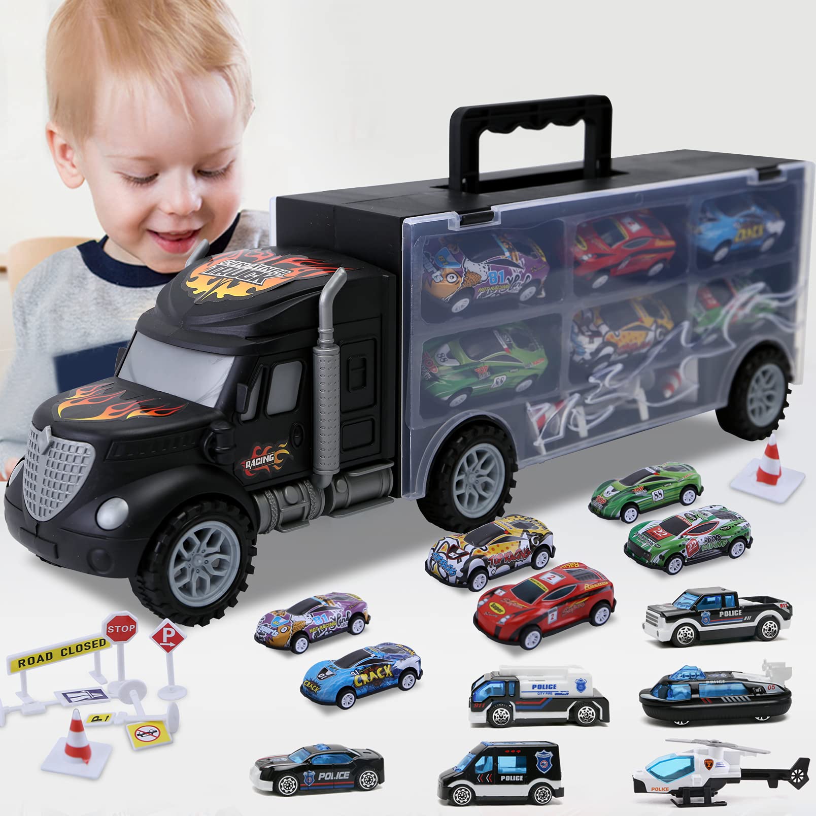 JODUDLR transport carrier with 12 die-cast vehicles for imaginative play