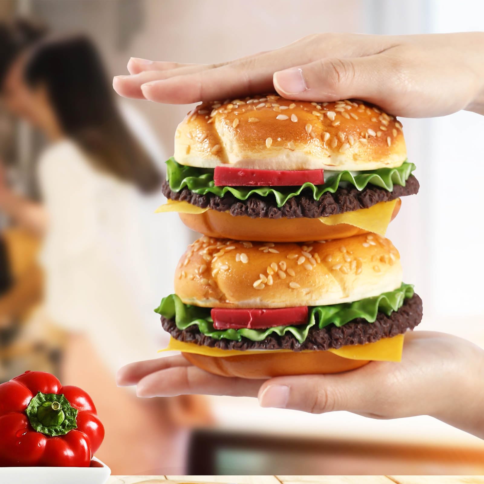 Joeabor artificial burger prop for kitchen shelf and model displays.
