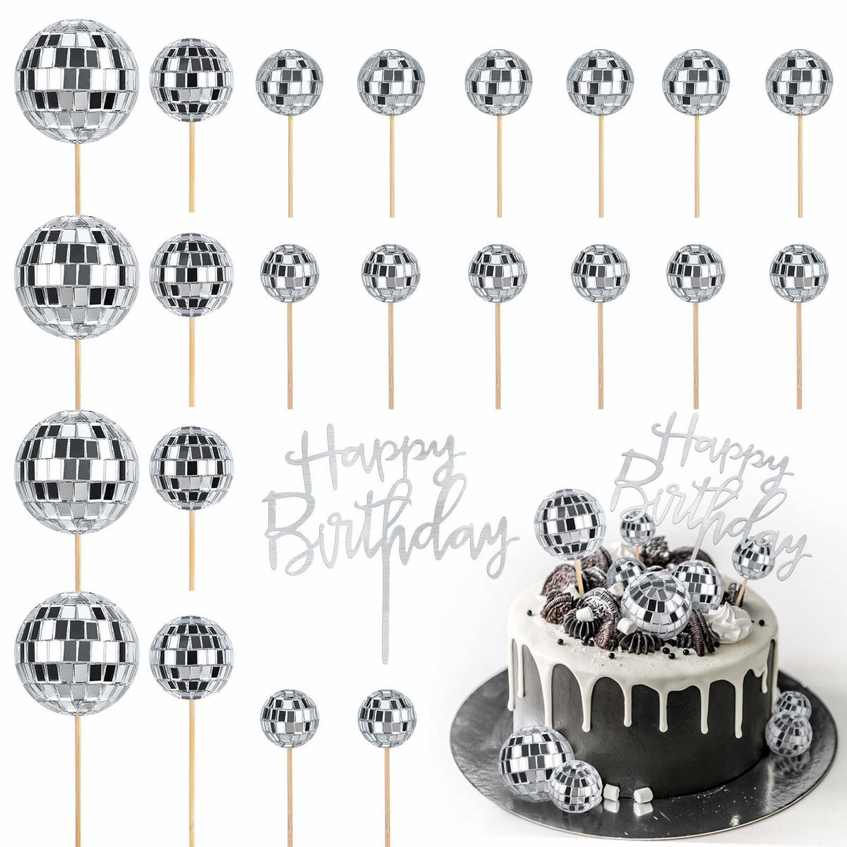 JOERSH 4 cm disco ball topper on cupcakes for retro sparkle.