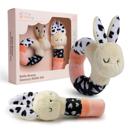 Joey Monty Bella Bunny Circle Rattle showcases bold high-contrast visuals for early tracking