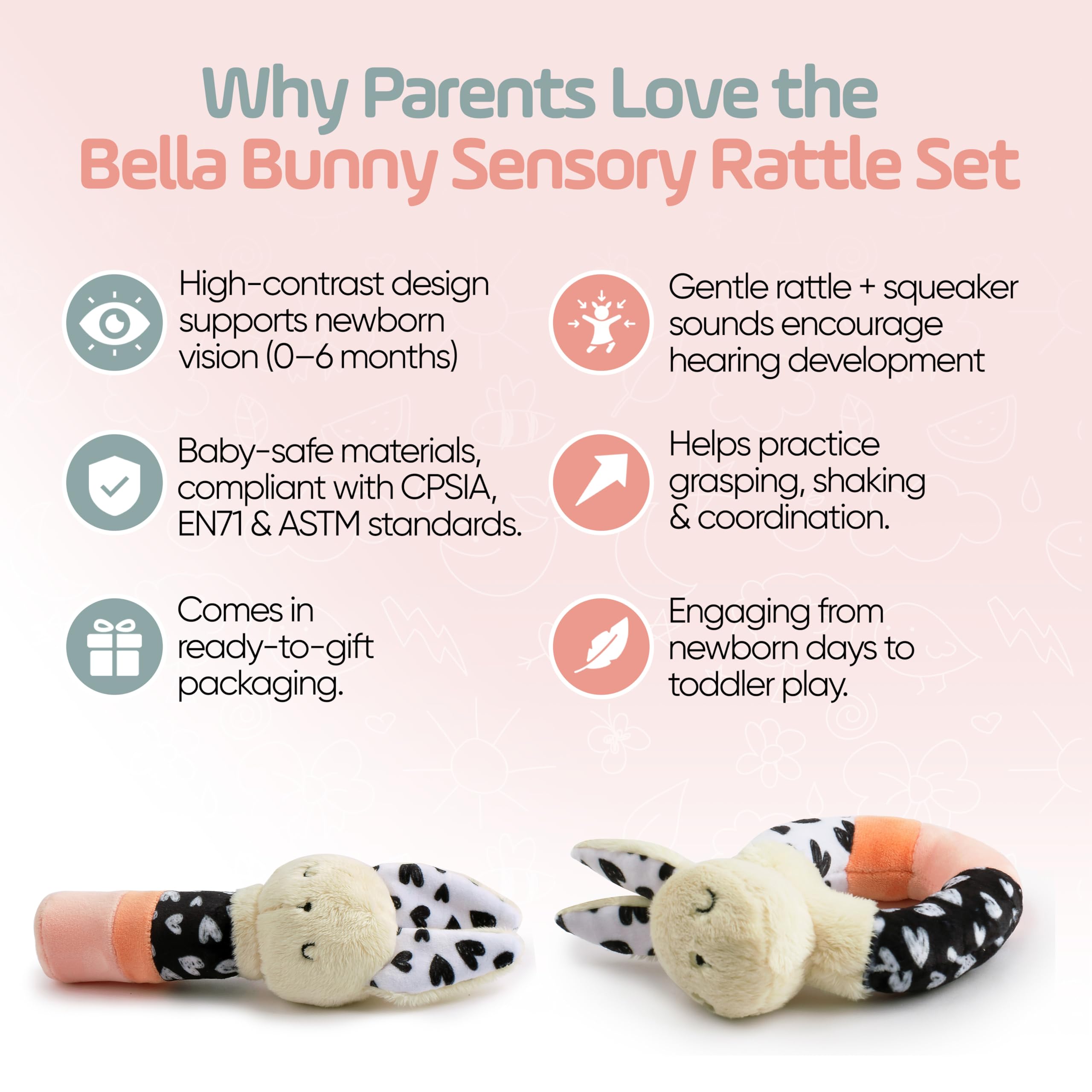 Joey Monty High-Contrast Patterns help focus baby’s gaze during early noticing moments