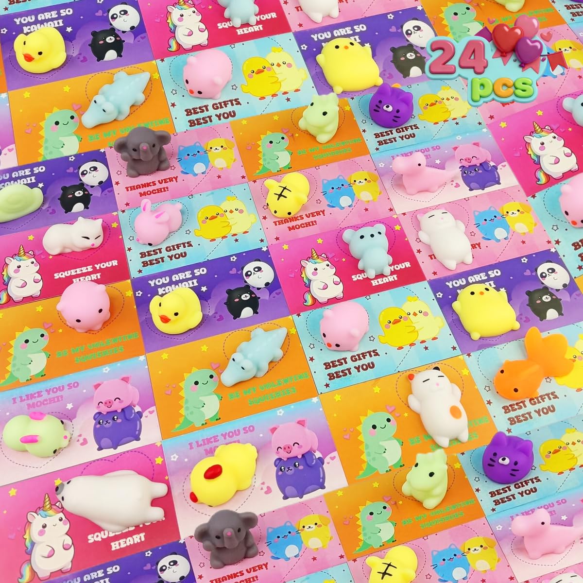 JoFAN 24-pcs mochi squishy toys with valentines cards for kids' gifts