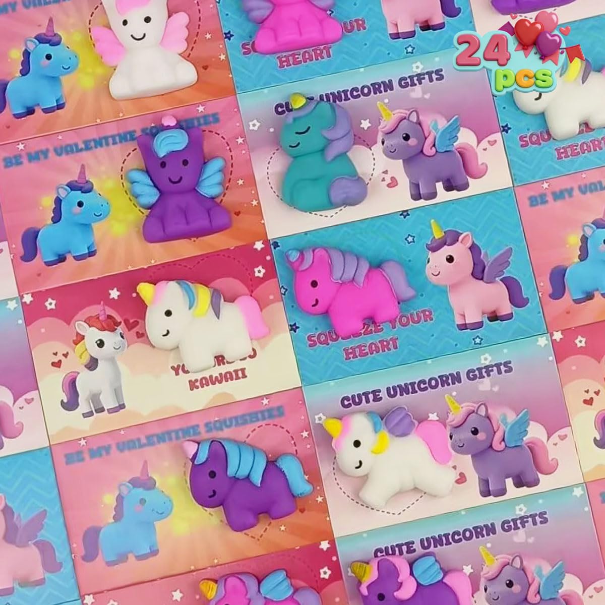 Jofan unicorn mochi squishy pack with colorful toys for kids and classroom prizes.