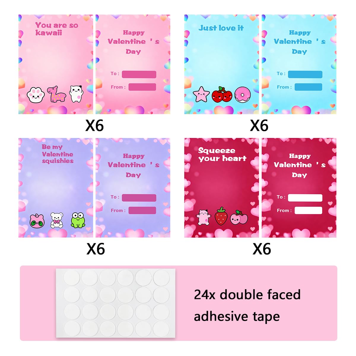 JoFAN valentines cards come in 4 colors with six each for easy pairing.