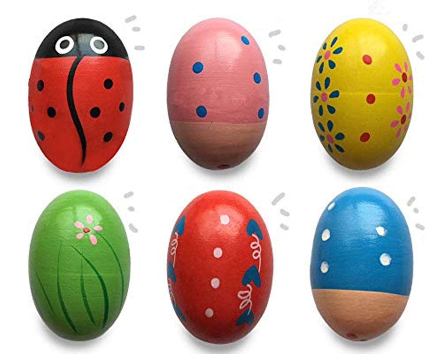 JoFAN wooden shake egg front view with assorted colors, Easter gift option for kids.