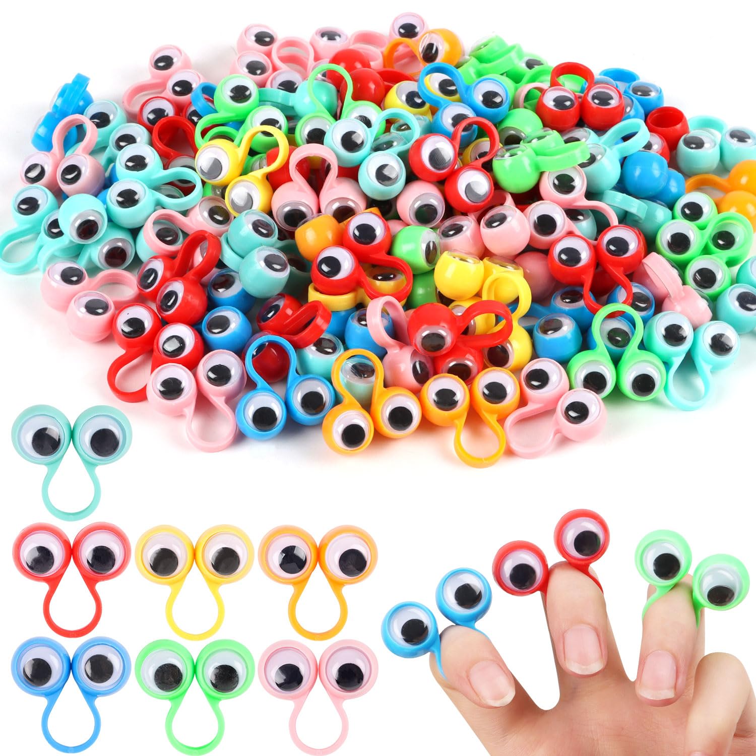 JOFONY eye finger puppets package with 100 pieces in seven colors for classroom rewards.