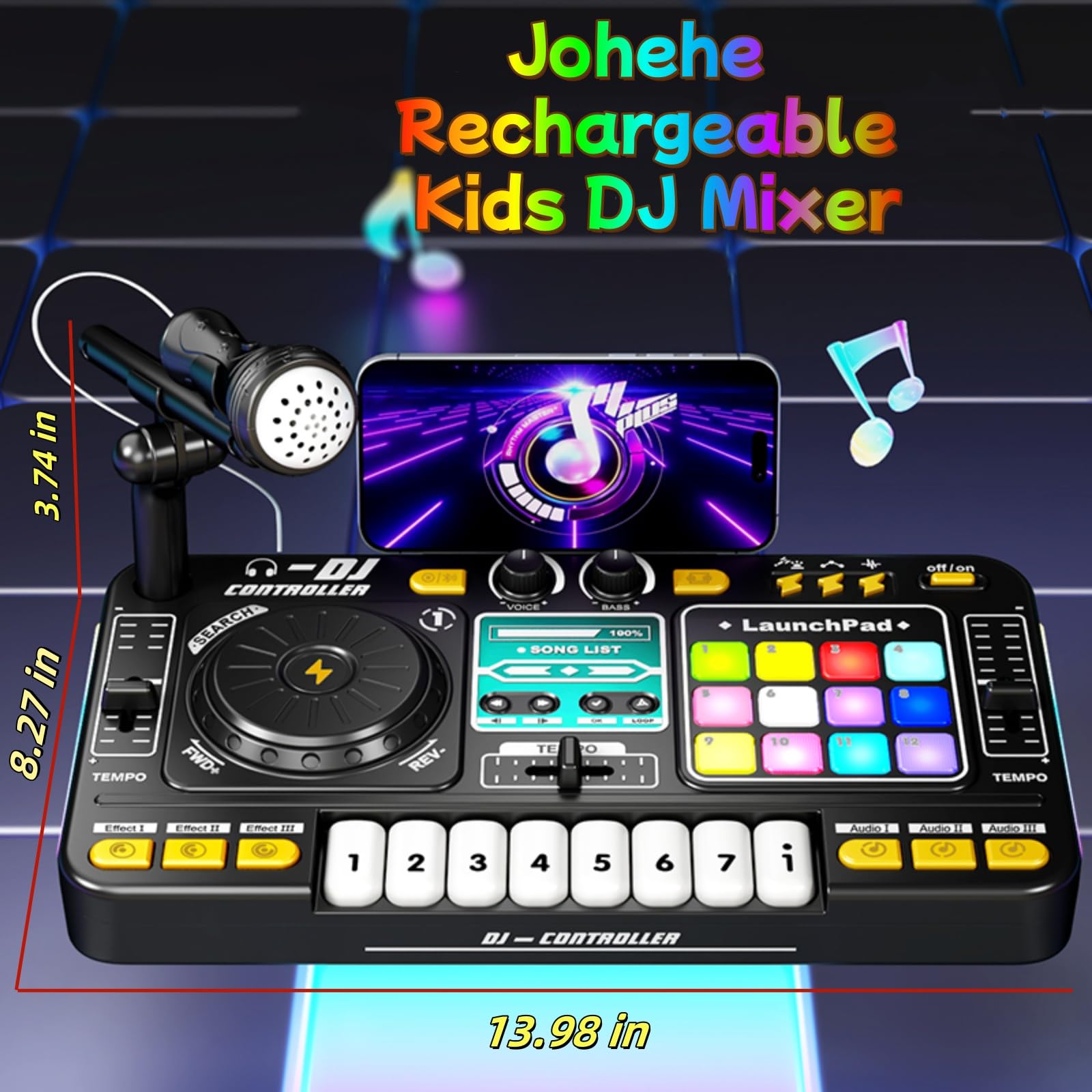 Johehe dynamic LED light show enhances disco-style playtime.