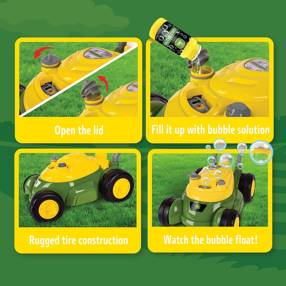 John Deere bubble lawn mower with mechanical sounds for realistic pretend play