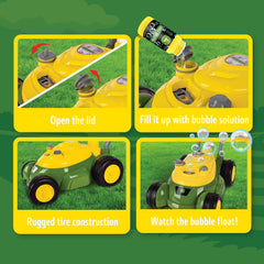 John Deere bubble lawn mower with mechanical sounds for realistic pretend play
