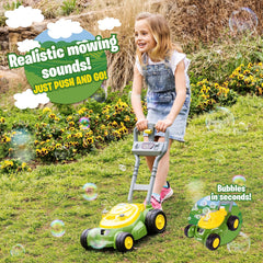 John Deere bubble lawn mower side view, push design for active play