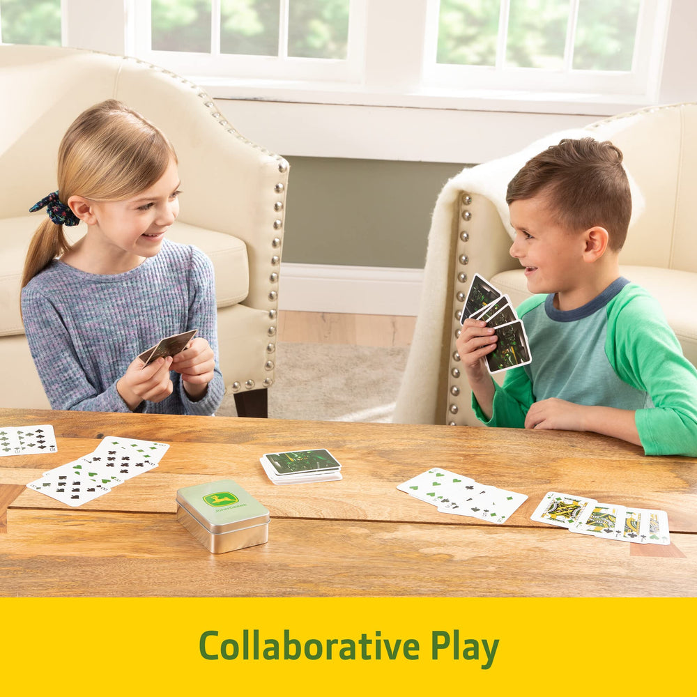 Collector tin display with John Deere logo keeps cards organized for travel.