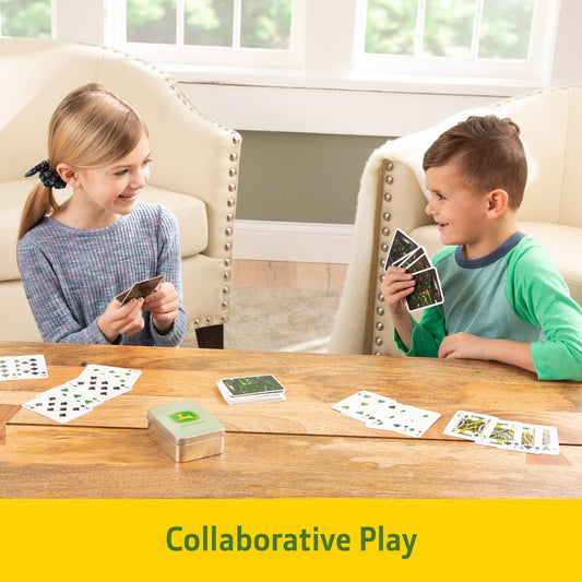 Collector tin display with John Deere logo keeps cards organized for travel.