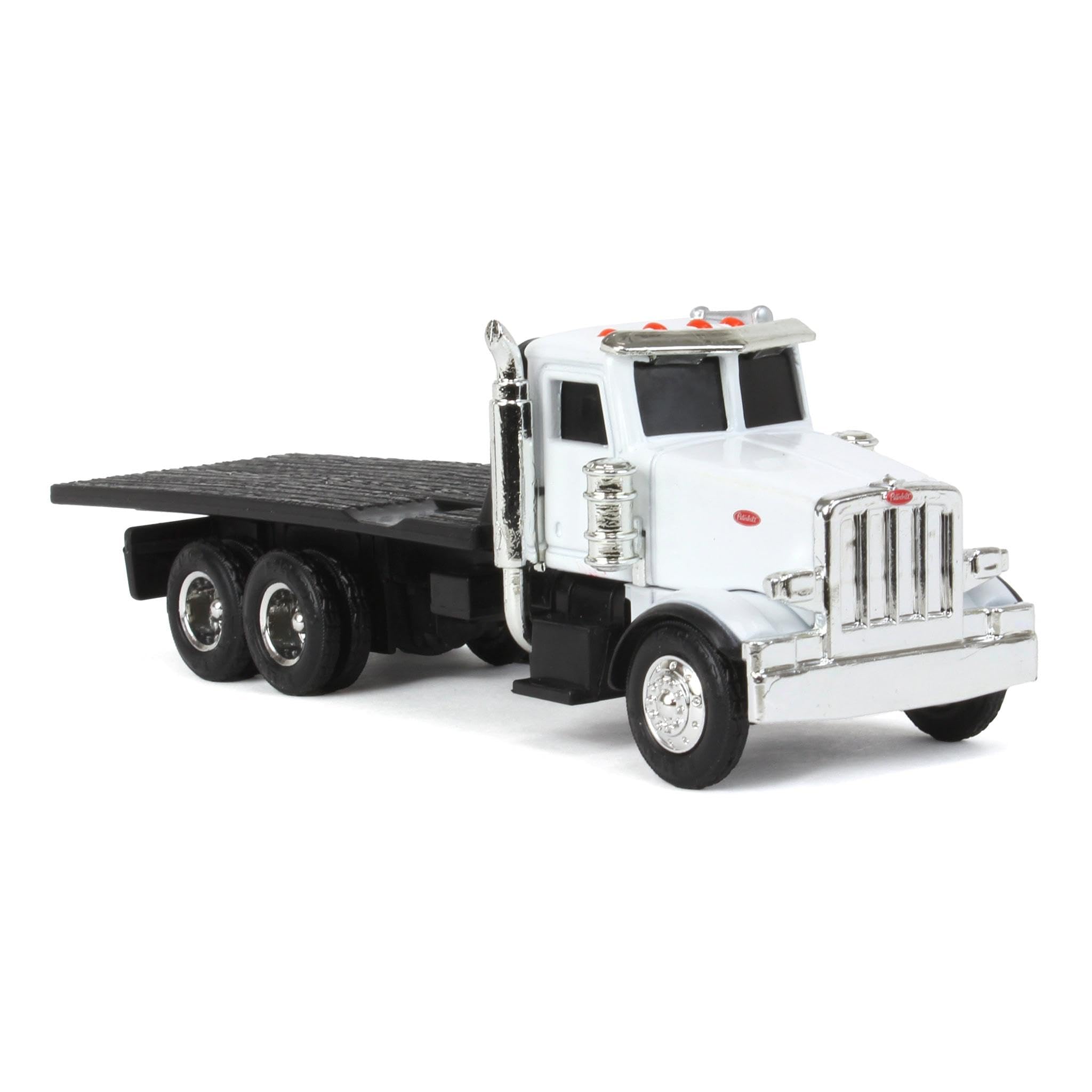 John Deere ERTL Peterbilt flatbed toy truck top view, authentic detailing.