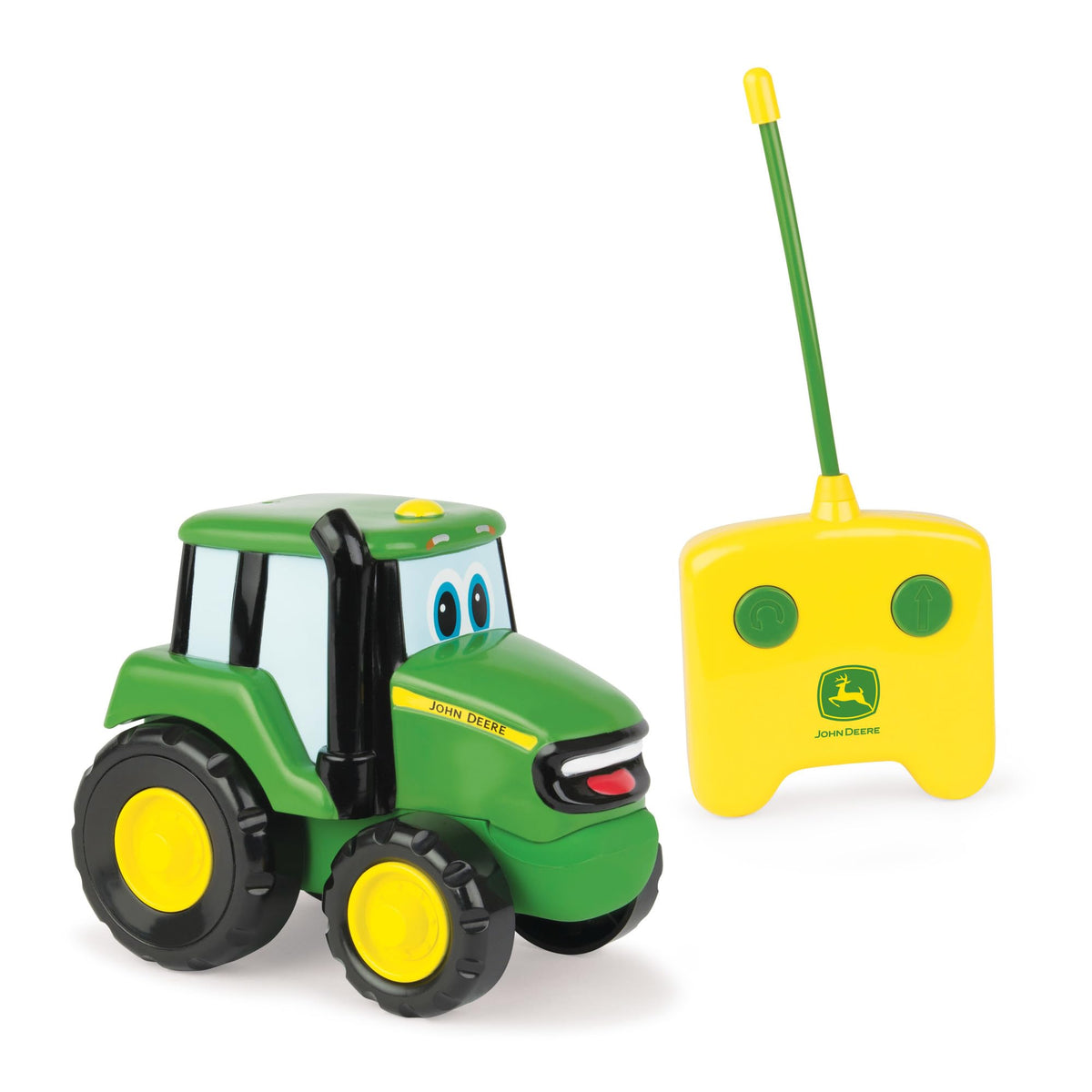 John Deere Johnny Tractor RC toy, front view, durable design for indoor and outdoor play.