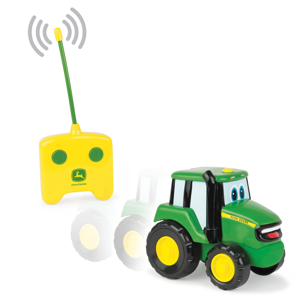 John Deere Johnny Tractor RC toy, side view, easy two-button control for toddlers.
