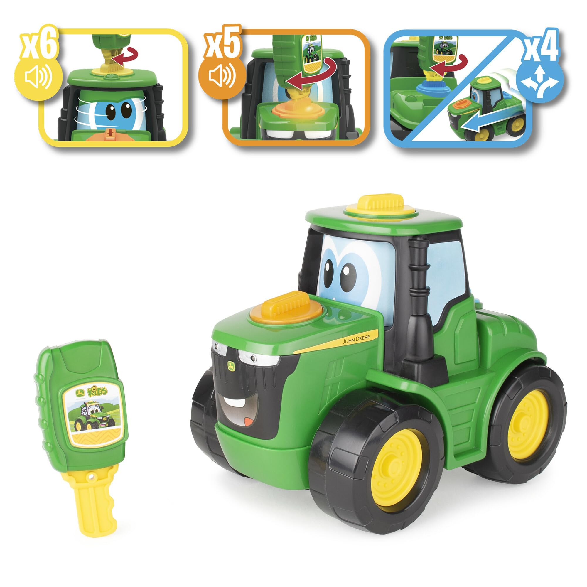 Johnny Tractor's eyes spin with expressions when the yellow slot key turns