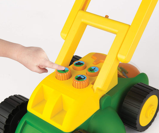 John Deere Tomy lawn mower extended handle showing easy storage and kid-friendly grip.